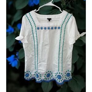 NWT TALBOTS M Linen Cotton‎ Embroidered Eyelet White Tie Sleeve Square Neck Top